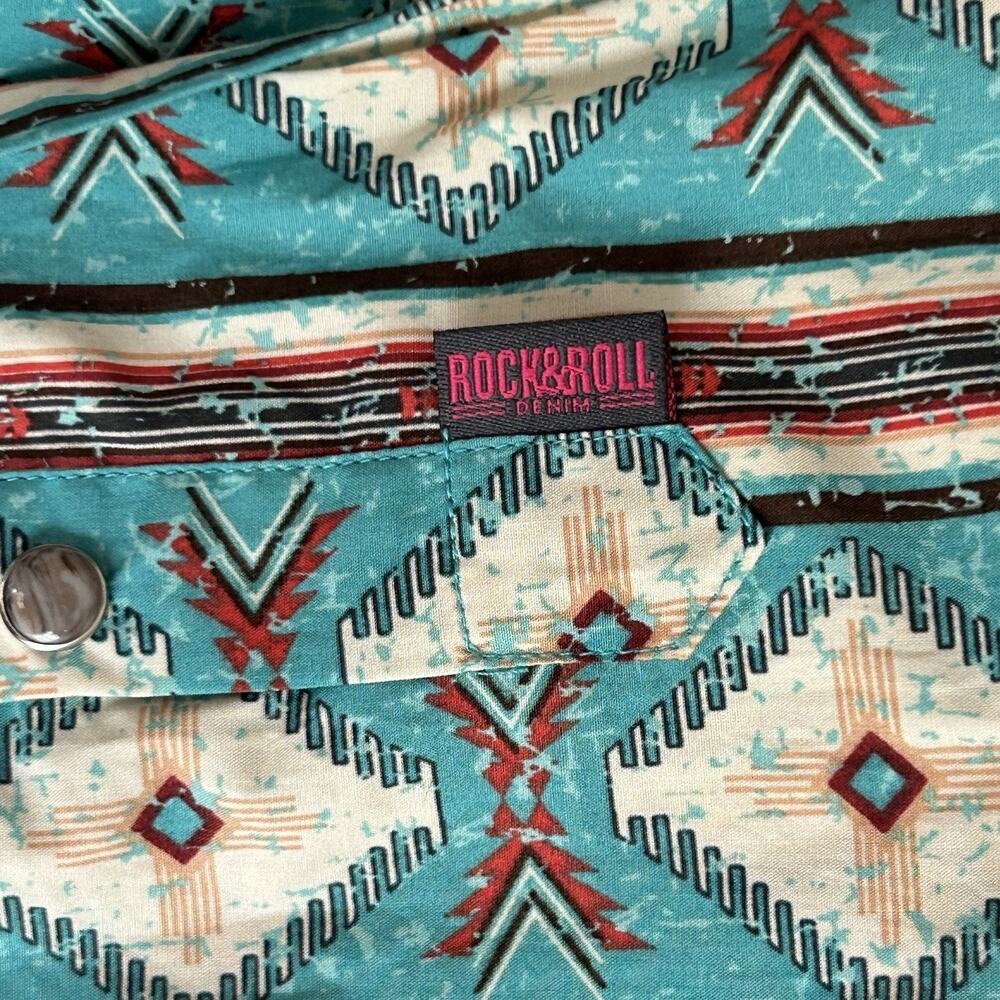 Rock & Roll Cowboy Shirt Mens Large Blue Aztec Snap Front Modern Fit Long Sleeve - Picture 16 of 16